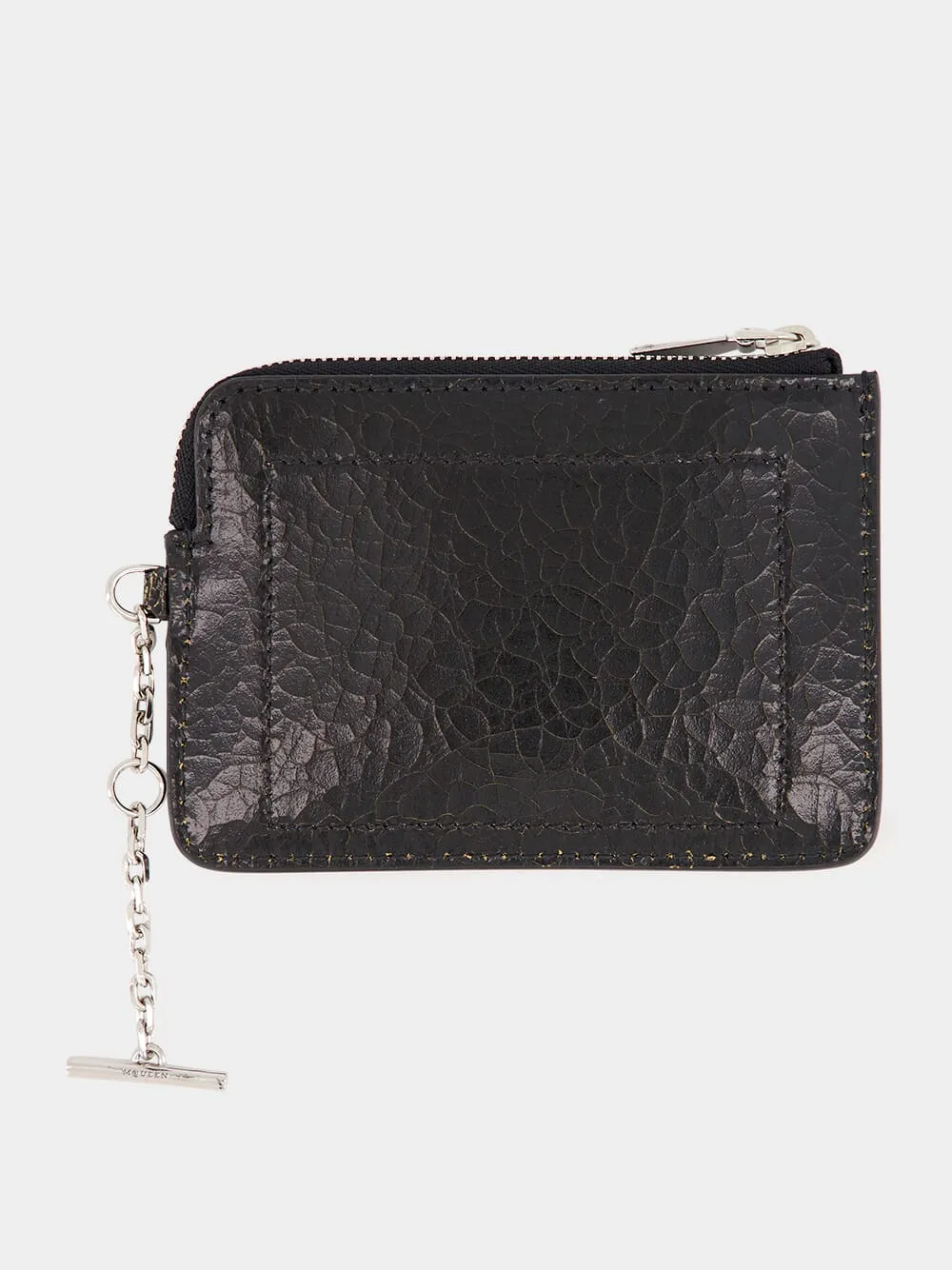 Black Crackled Leather Zip Coin Pouch with Chain