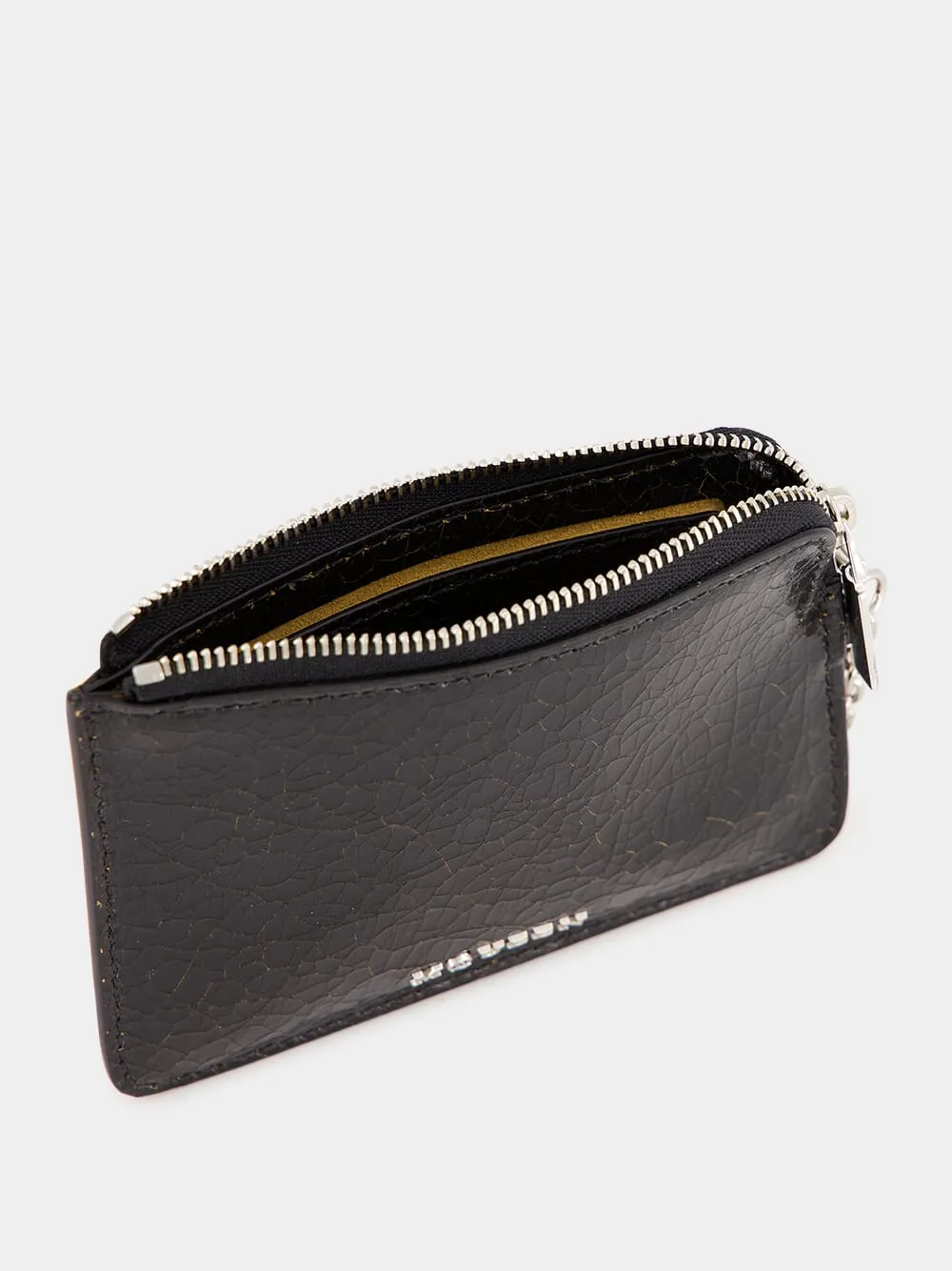 Black Crackled Leather Zip Coin Pouch with Chain