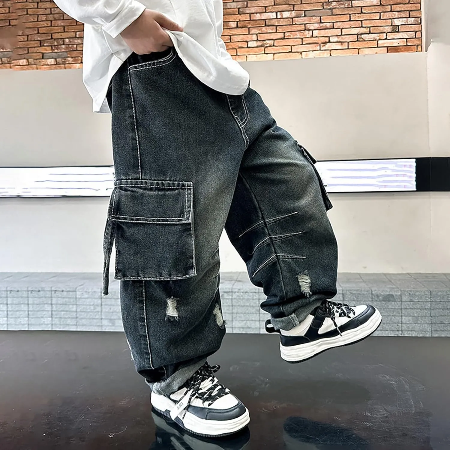 Boys Denim Jeans Pants Casual Baggy Wide Leg Cargo Jeans Drawstring Elastic Waisted Loose Fit Lightweight Jean Trousers