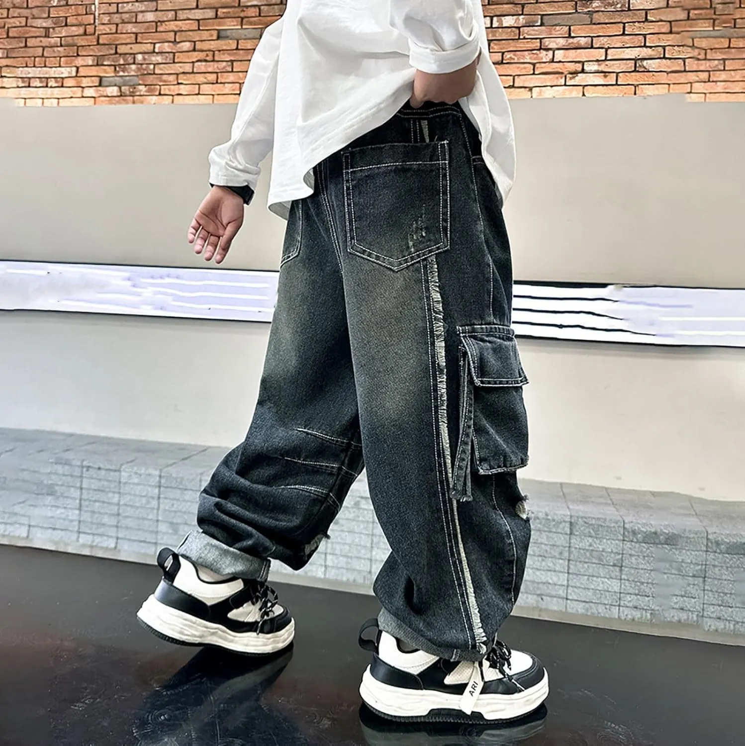 Boys Denim Jeans Pants Casual Baggy Wide Leg Cargo Jeans Drawstring Elastic Waisted Loose Fit Lightweight Jean Trousers