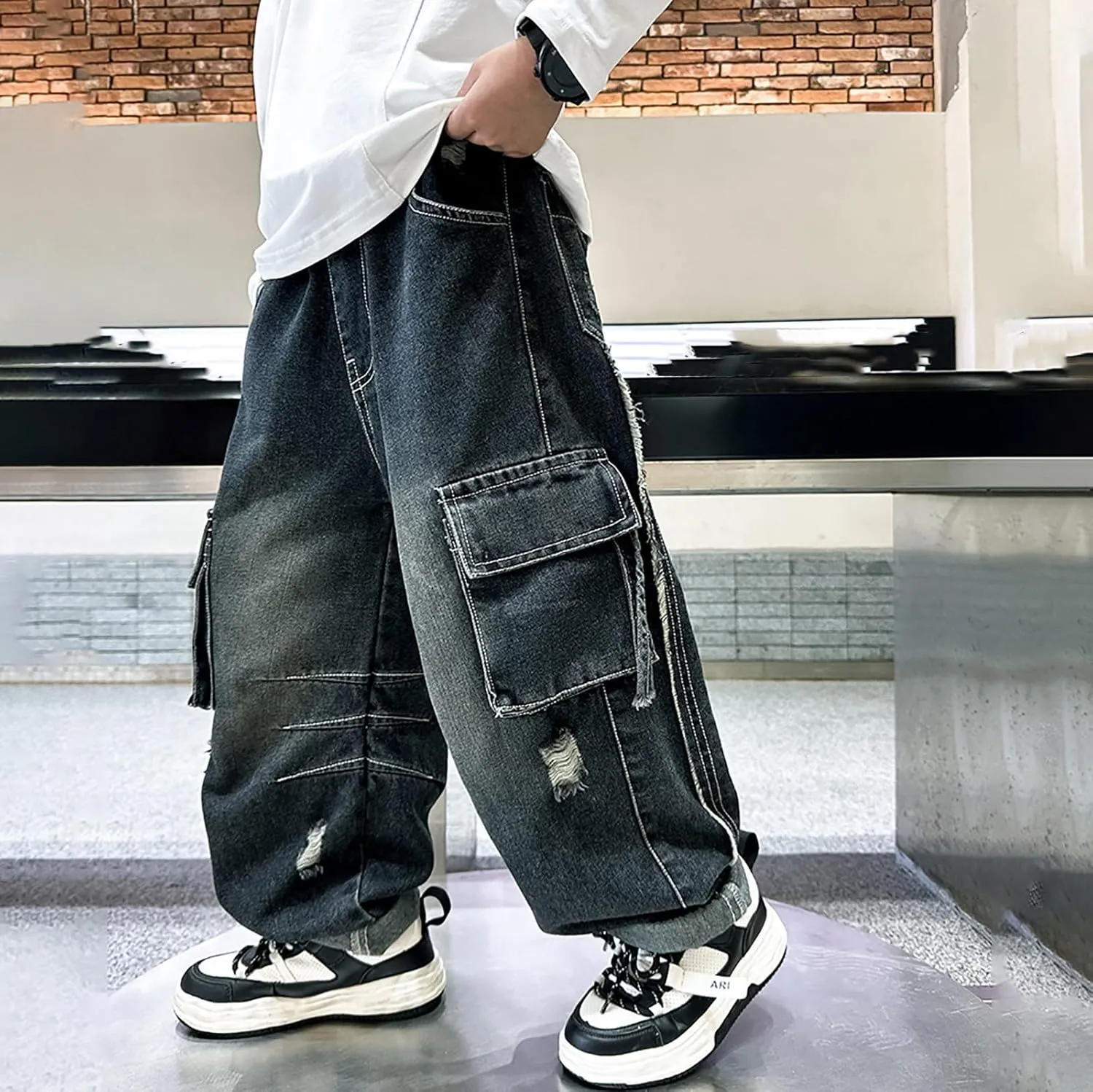 Boys Denim Jeans Pants Casual Baggy Wide Leg Cargo Jeans Drawstring Elastic Waisted Loose Fit Lightweight Jean Trousers