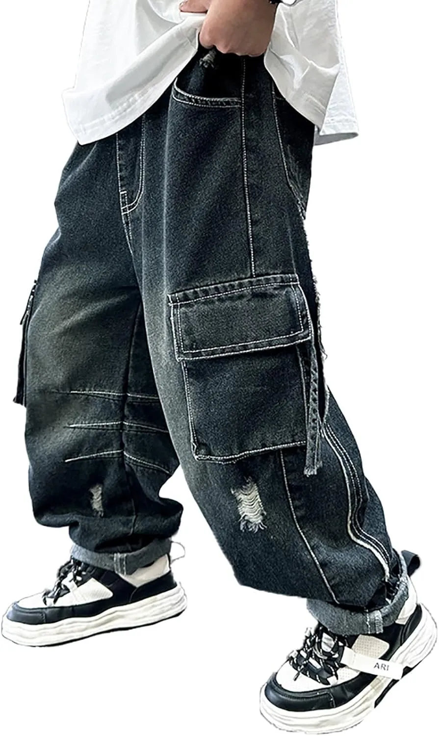 Boys Denim Jeans Pants Casual Baggy Wide Leg Cargo Jeans Drawstring Elastic Waisted Loose Fit Lightweight Jean Trousers