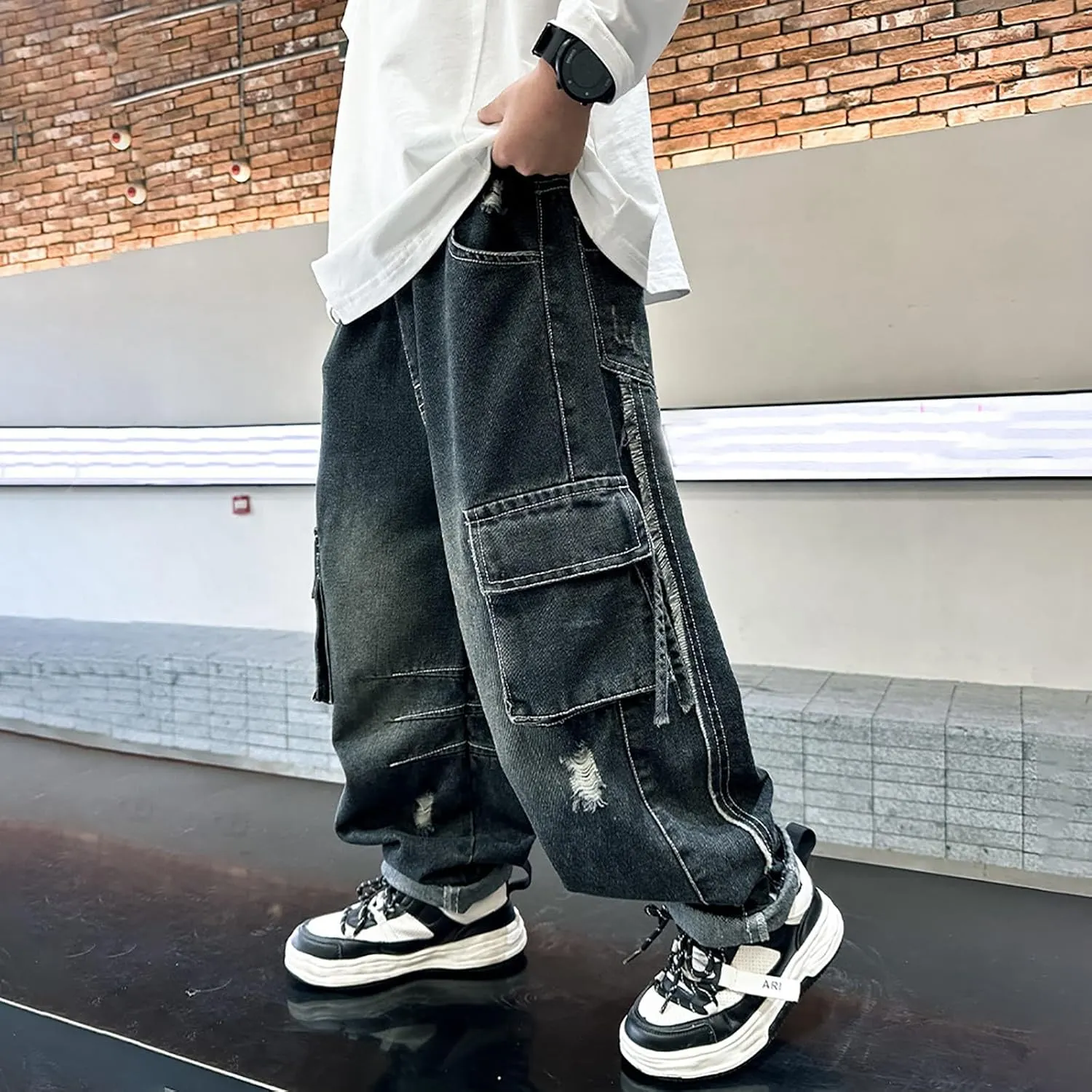 Boys Denim Jeans Pants Casual Baggy Wide Leg Cargo Jeans Drawstring Elastic Waisted Loose Fit Lightweight Jean Trousers