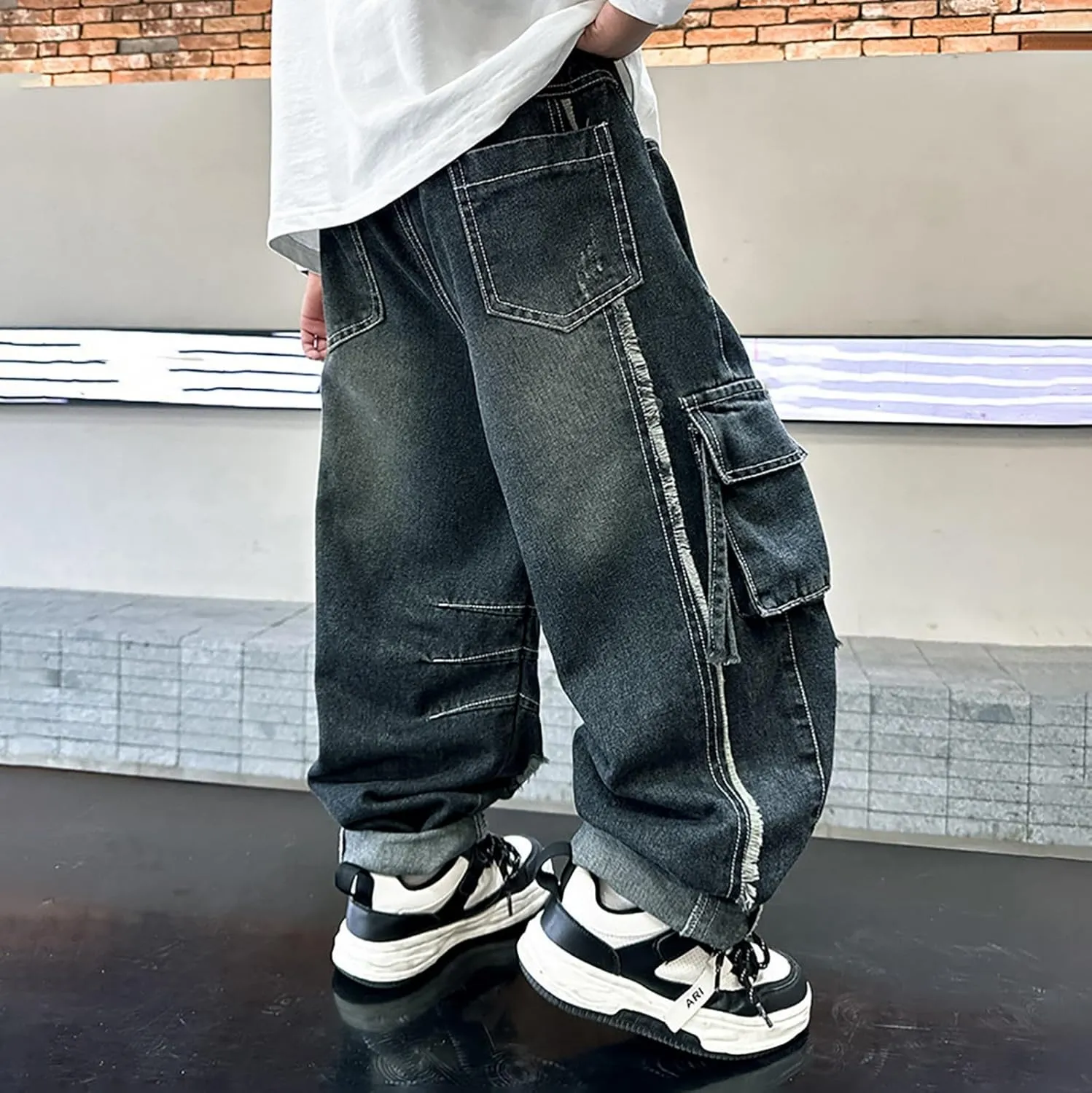 Boys Denim Jeans Pants Casual Baggy Wide Leg Cargo Jeans Drawstring Elastic Waisted Loose Fit Lightweight Jean Trousers