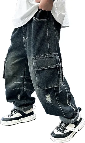 Boys Denim Jeans Pants Casual Baggy Wide Leg Cargo Jeans Drawstring Elastic Waisted Loose Fit Lightweight Jean Trousers