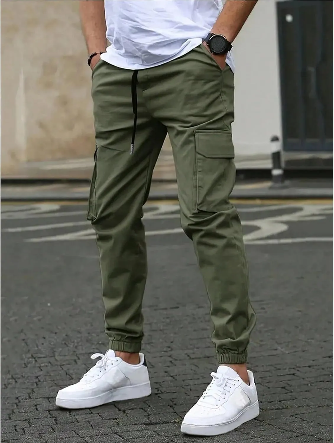Cargo Pants for Men Casual Slim Fit Drawstring Waist Cargo Pants with Multi Pockets Trendy Outdoor Pants Streetwear