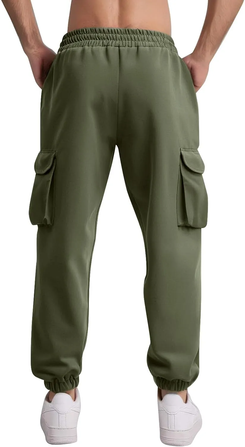 Cargo Pants for Men Casual Slim Fit Drawstring Waist Cargo Pants with Multi Pockets Trendy Outdoor Pants Streetwear