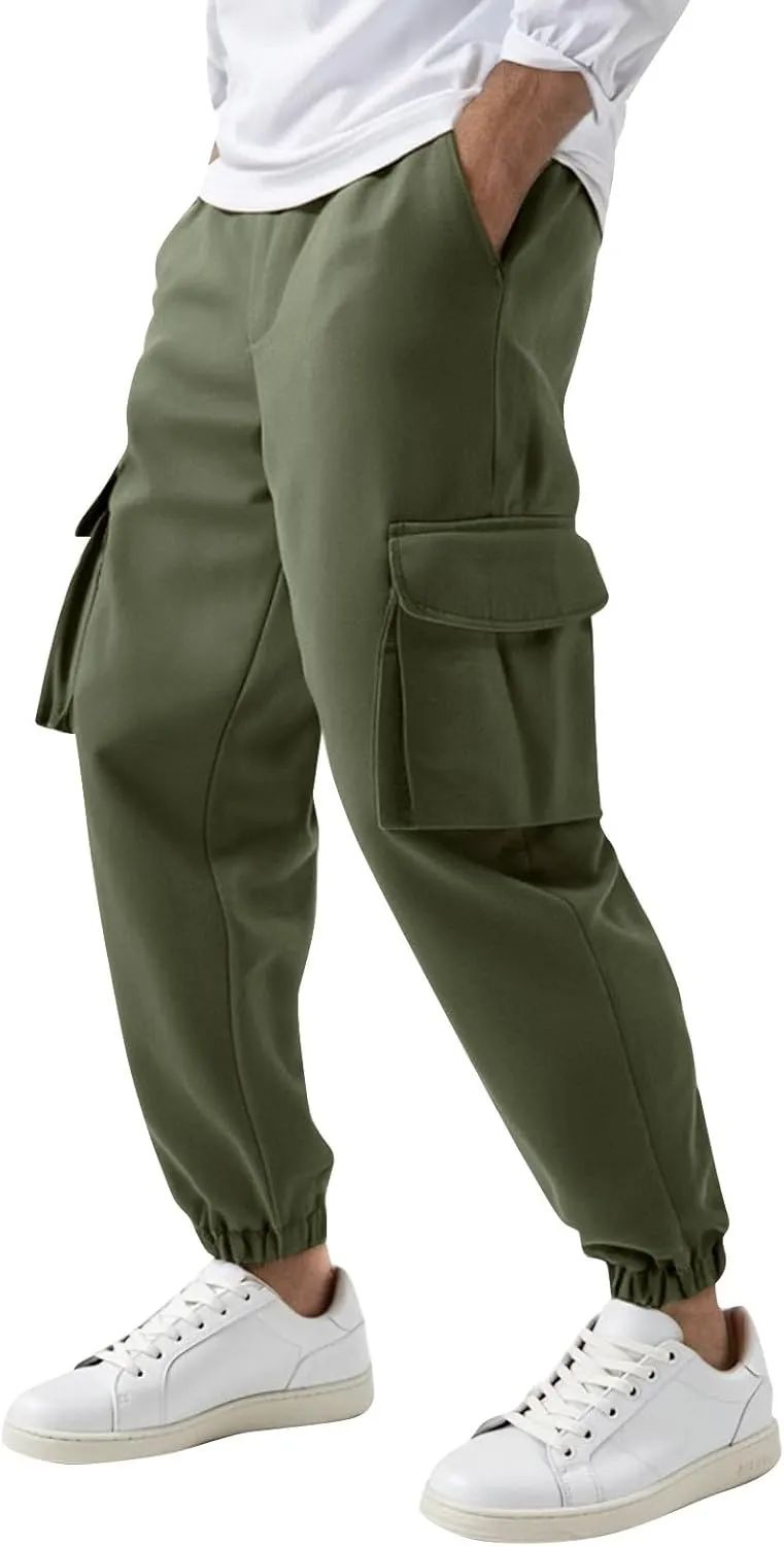 Cargo Pants for Men Casual Slim Fit Drawstring Waist Cargo Pants with Multi Pockets Trendy Outdoor Pants Streetwear