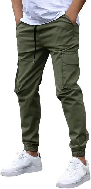 Cargo Pants for Men Casual Slim Fit Drawstring Waist Cargo Pants with Multi Pockets Trendy Outdoor Pants Streetwear