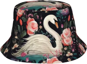 Floral Swan Bucket Hat Packable Breathable Sun Hats Fisherman Hats Outdoor Summer Travel Hiking Beach Caps for Men Women Black