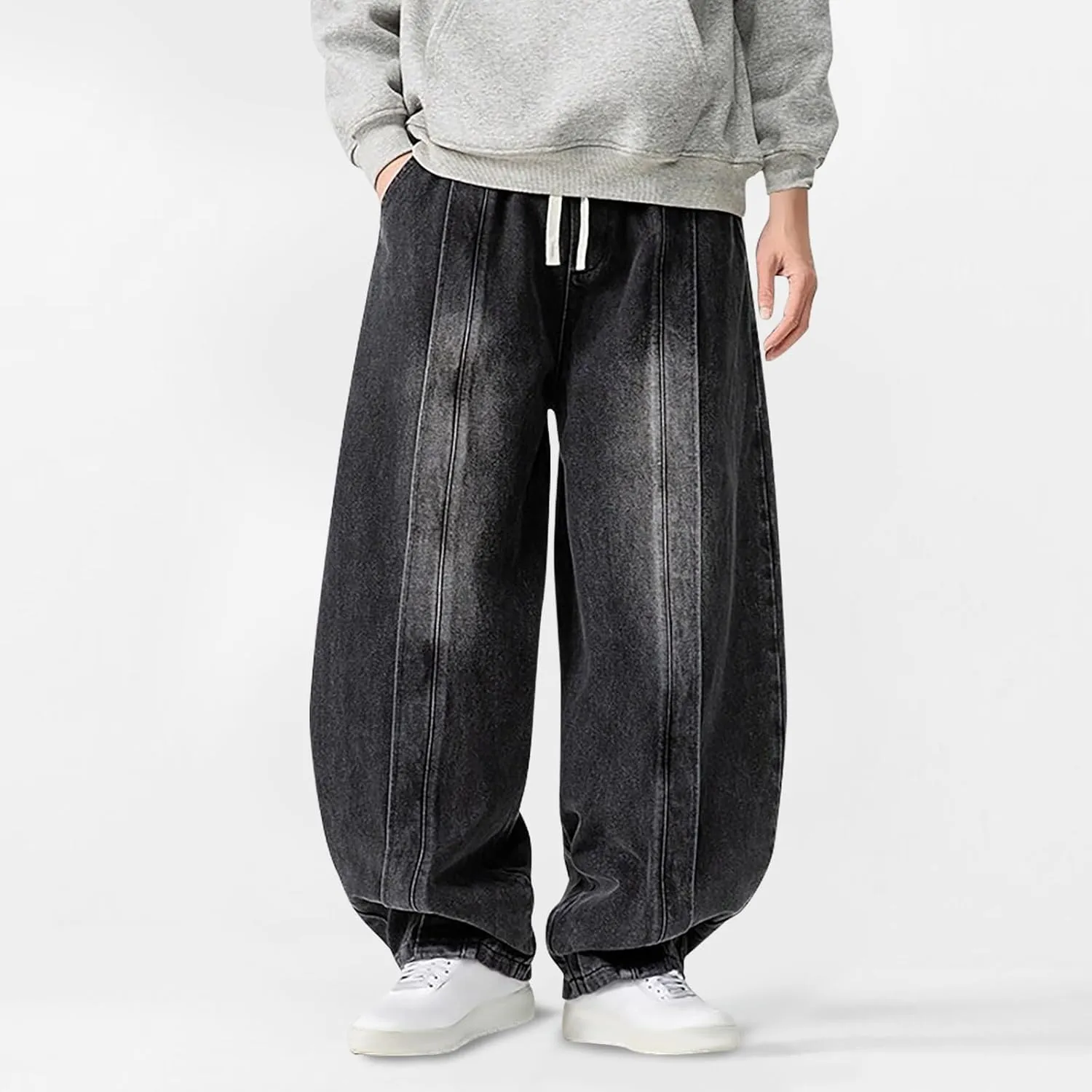 Mens Baggy Jeans Relaxed Fit Harem Denim Pants Casual Wide Leg Elastic Waist Drawstring Tapered Jeans Pants