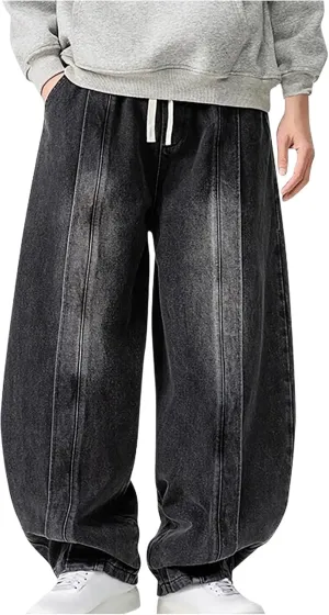 Mens Baggy Jeans Relaxed Fit Harem Denim Pants Casual Wide Leg Elastic Waist Drawstring Tapered Jeans Pants