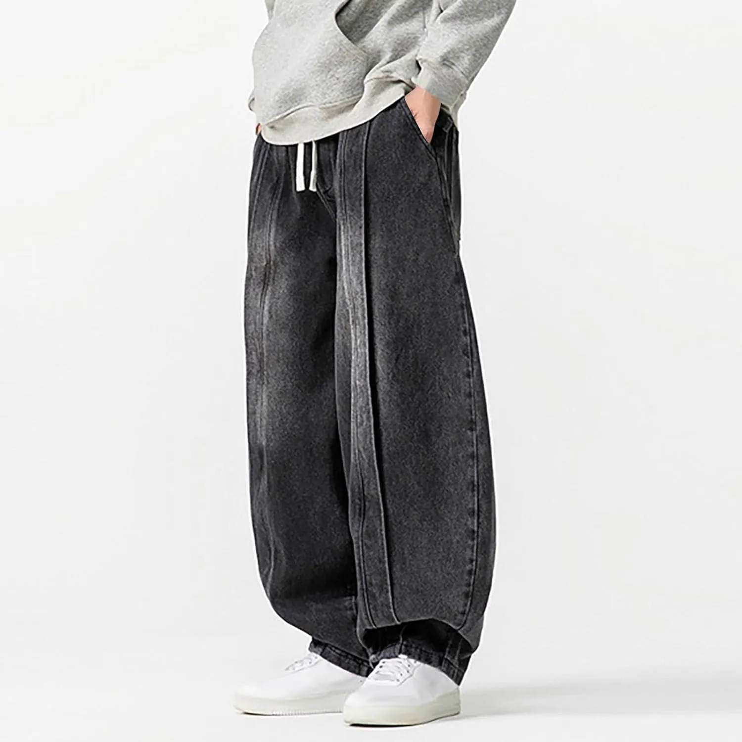 Mens Baggy Jeans Relaxed Fit Harem Denim Pants Casual Wide Leg Elastic Waist Drawstring Tapered Jeans Pants
