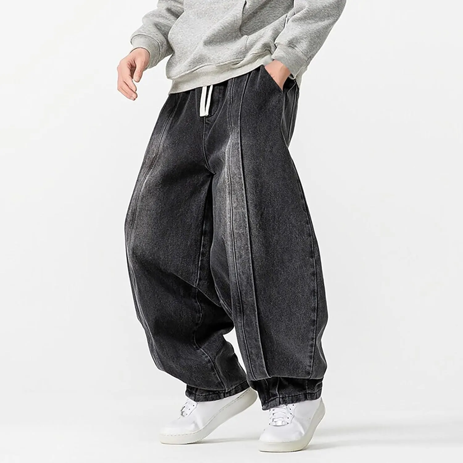 Mens Baggy Jeans Relaxed Fit Harem Denim Pants Casual Wide Leg Elastic Waist Drawstring Tapered Jeans Pants