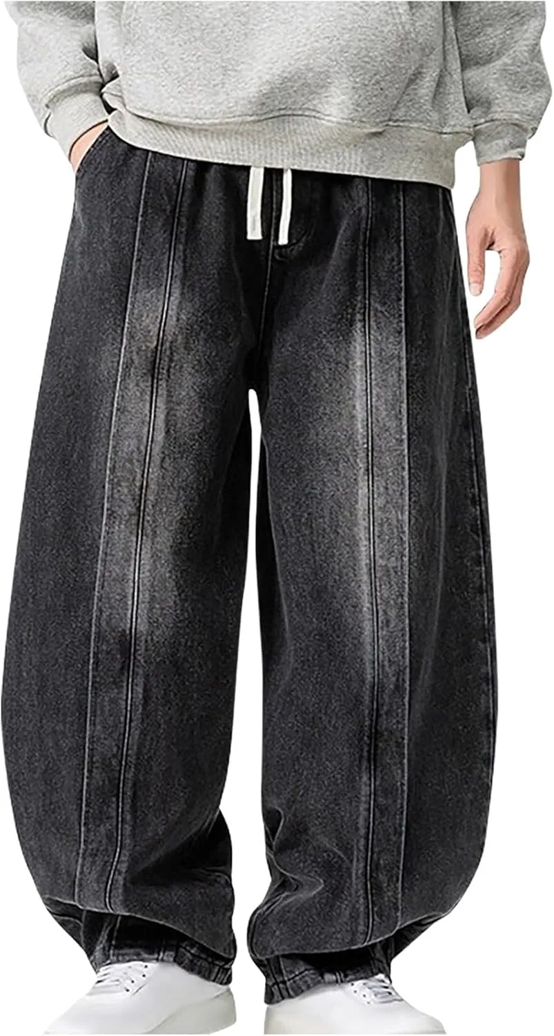 Mens Baggy Jeans Relaxed Fit Harem Denim Pants Casual Wide Leg Elastic Waist Drawstring Tapered Jeans Pants