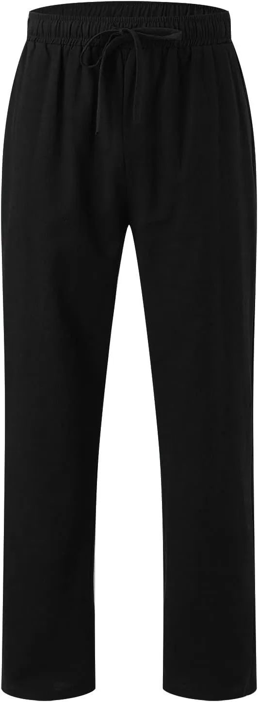 Men's Casual Pants Beach Summer Elastic Waist Drawstring Pants Lightweight Breathable Straight Leg Long Trousers