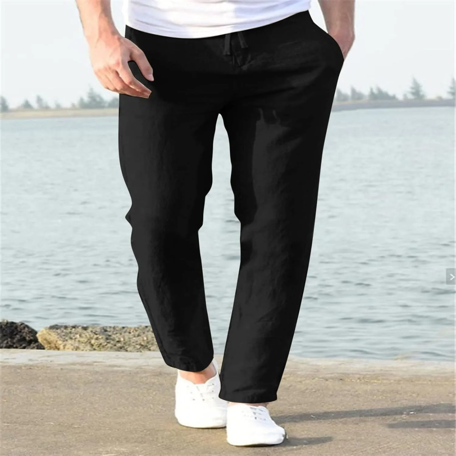 Men's Casual Pants Beach Summer Elastic Waist Drawstring Pants Lightweight Breathable Straight Leg Long Trousers
