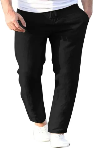 Men's Casual Pants Beach Summer Elastic Waist Drawstring Pants Lightweight Breathable Straight Leg Long Trousers