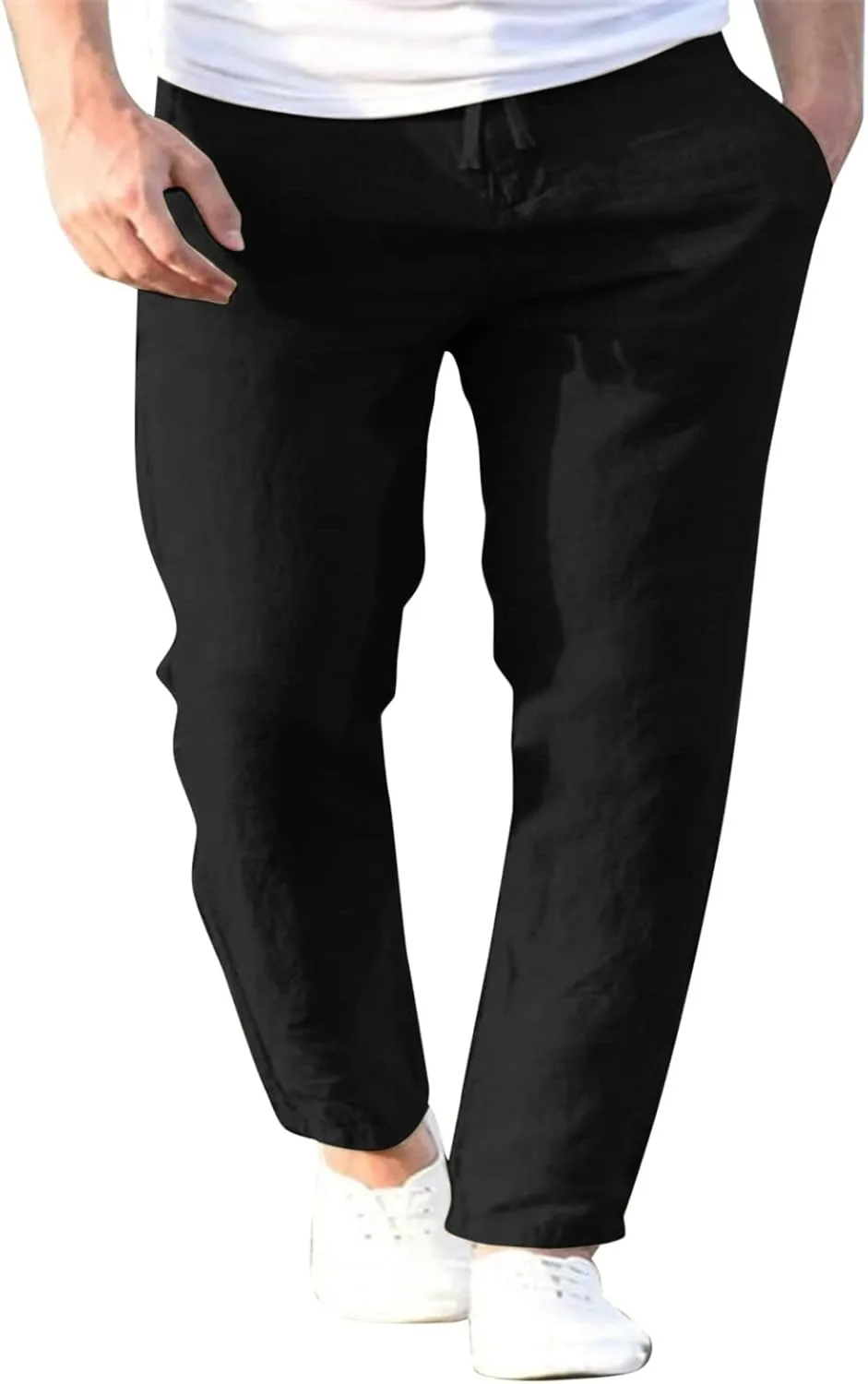 Men's Casual Pants Beach Summer Elastic Waist Drawstring Pants Lightweight Breathable Straight Leg Long Trousers