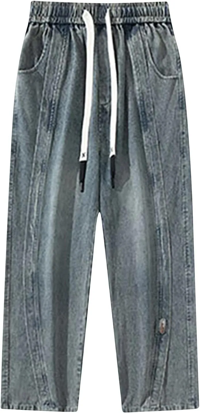 Mens Y2K Baggy Jeans Relaxed Fit Skater Hip Pop Denim Pants Elastic Waist Drawstring Straight Streetwear Jeans