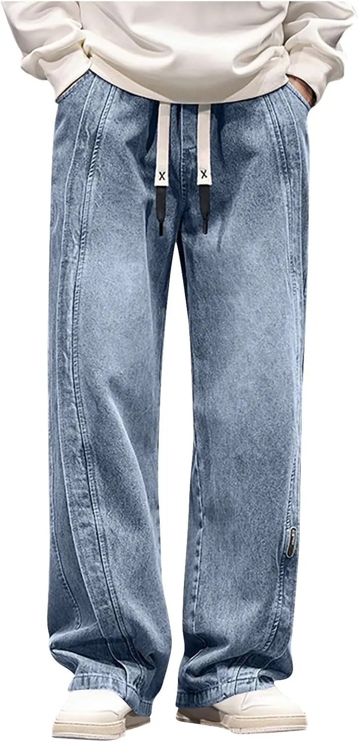 Mens Y2K Baggy Jeans Relaxed Fit Skater Hip Pop Denim Pants Elastic Waist Drawstring Straight Streetwear Jeans