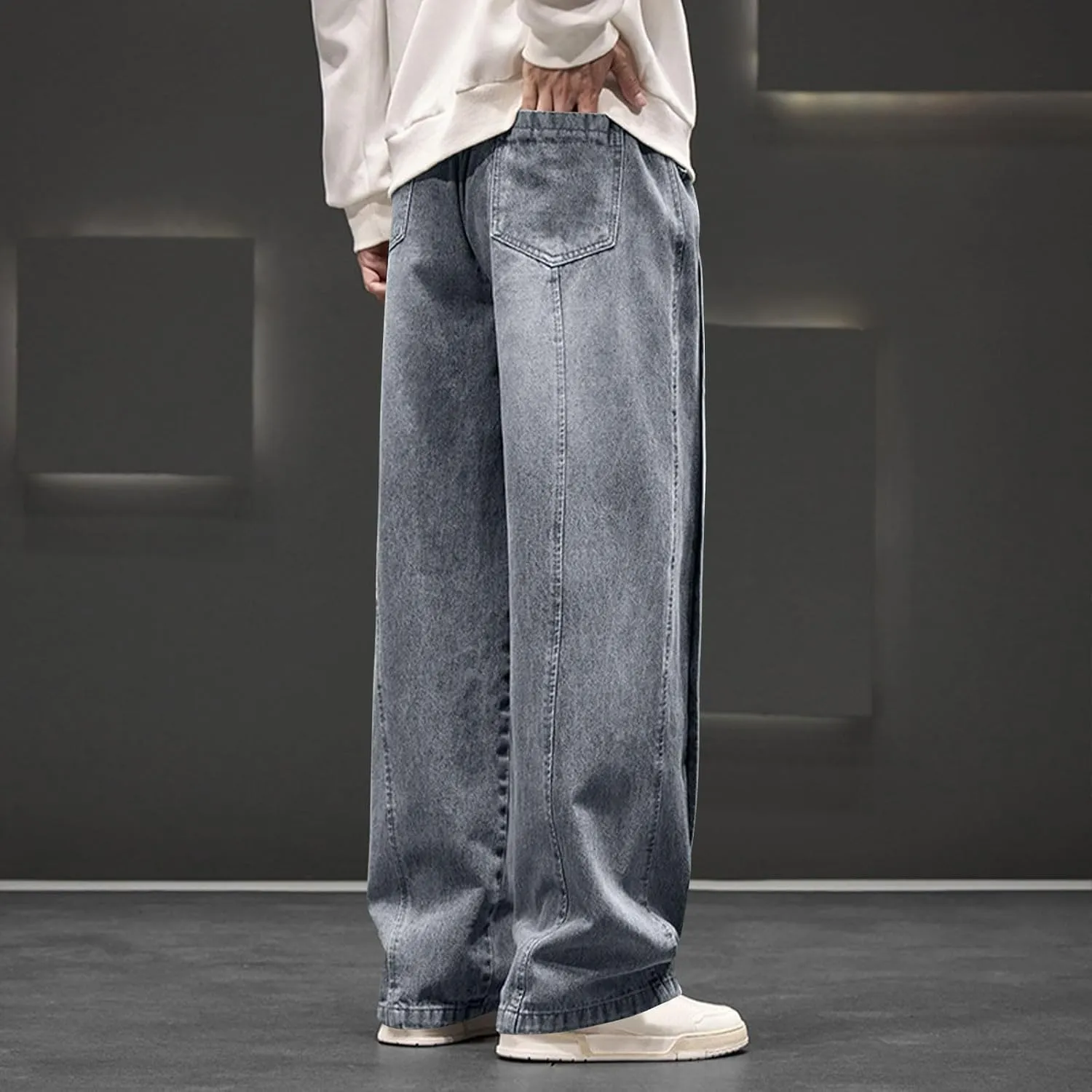 Mens Y2K Baggy Jeans Relaxed Fit Skater Hip Pop Denim Pants Elastic Waist Drawstring Straight Streetwear Jeans