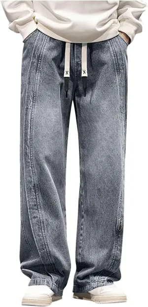 Mens Y2K Baggy Jeans Relaxed Fit Skater Hip Pop Denim Pants Elastic Waist Drawstring Straight Streetwear Jeans