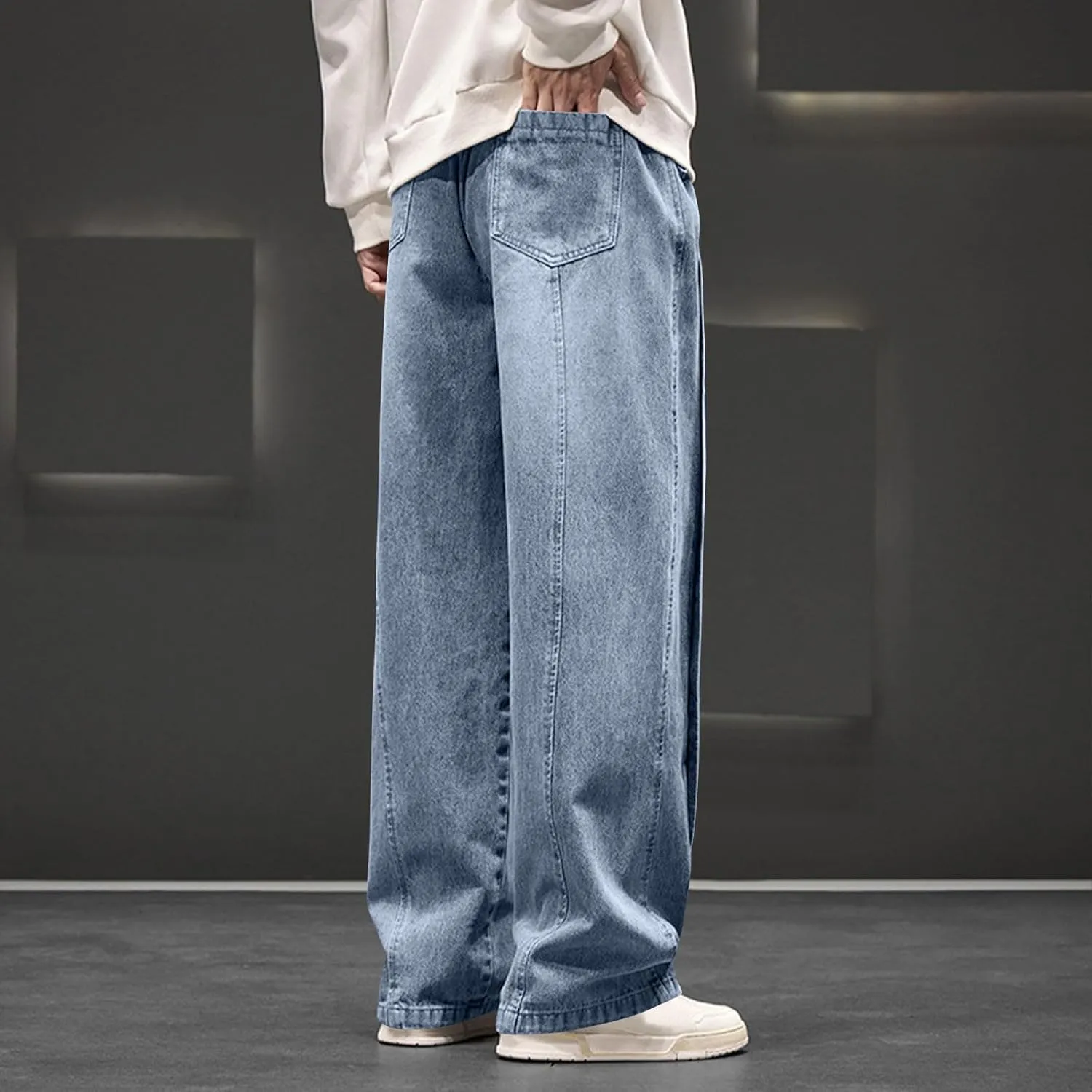 Mens Y2K Baggy Jeans Relaxed Fit Skater Hip Pop Denim Pants Elastic Waist Drawstring Straight Streetwear Jeans