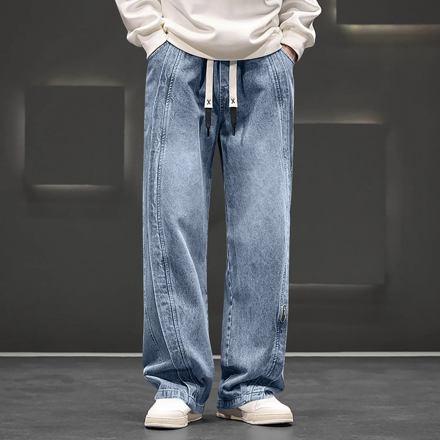 Mens Y2K Baggy Jeans Relaxed Fit Skater Hip Pop Denim Pants Elastic Waist Drawstring Straight Streetwear Jeans