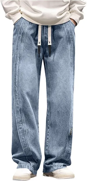 Mens Y2K Baggy Jeans Relaxed Fit Skater Hip Pop Denim Pants Elastic Waist Drawstring Straight Streetwear Jeans