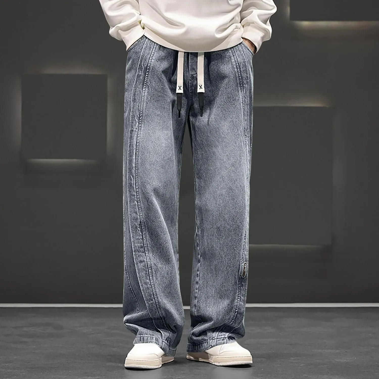 Mens Y2K Baggy Jeans Relaxed Fit Skater Hip Pop Denim Pants Elastic Waist Drawstring Straight Streetwear Jeans