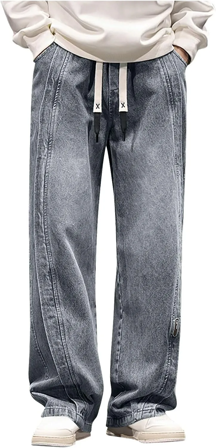 Mens Y2K Baggy Jeans Relaxed Fit Skater Hip Pop Denim Pants Elastic Waist Drawstring Straight Streetwear Jeans