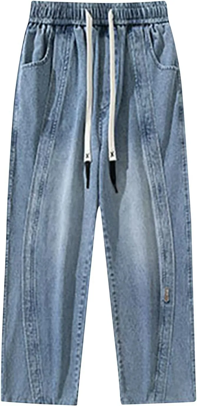 Mens Y2K Baggy Jeans Relaxed Fit Skater Hip Pop Denim Pants Elastic Waist Drawstring Straight Streetwear Jeans