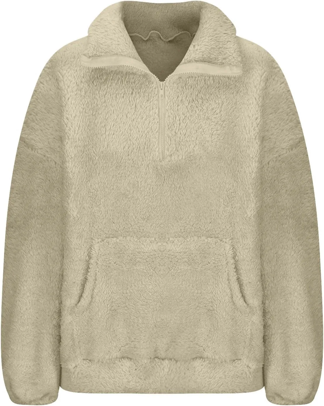 Uillui Womens Casual Sherpa Jacket Half Zip Fleece Pullover Oversized Cropped Sweatshirt Pockets Loose Fluffy Fuzzy Sweater