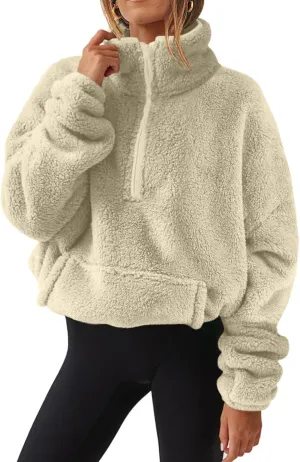 Uillui Womens Casual Sherpa Jacket Half Zip Fleece Pullover Oversized Cropped Sweatshirt Pockets Loose Fluffy Fuzzy Sweater