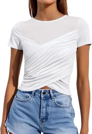 V Neck T Shirts for Women Women's Trendy Lace Criss Cross Wrap Crop Top Slim Fit Short Sleeve Ruched Shirt