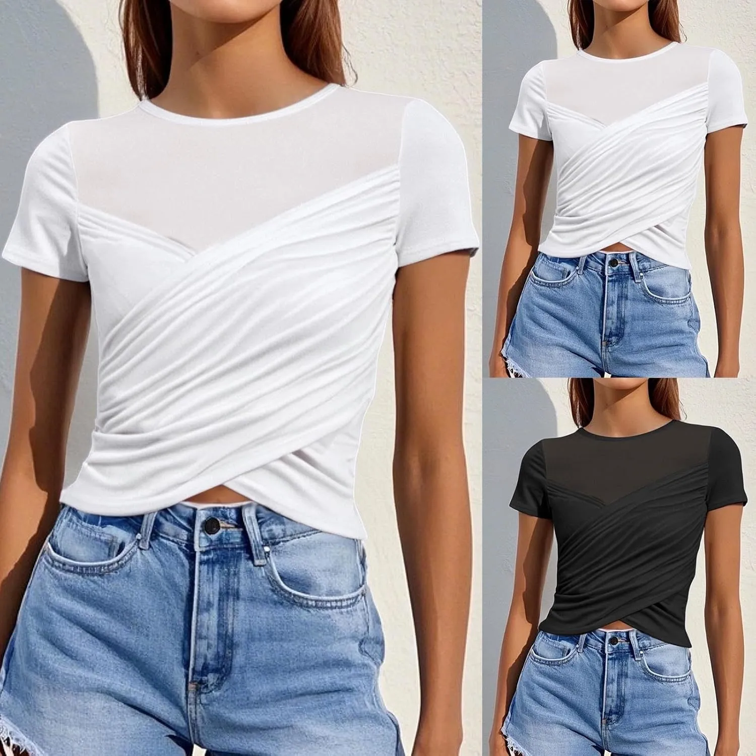 V Neck T Shirts for Women Women's Trendy Lace Criss Cross Wrap Crop Top Slim Fit Short Sleeve Ruched Shirt