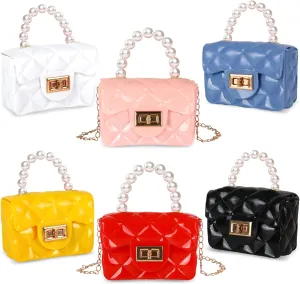 Whaline 6Pcs Mini Purse Small PVC Jelly Crossbody Bag Cute Toddler Princess Handbag with Pearl Handle for Women Girl Bridesmaid Birthday Party Gift Supplies