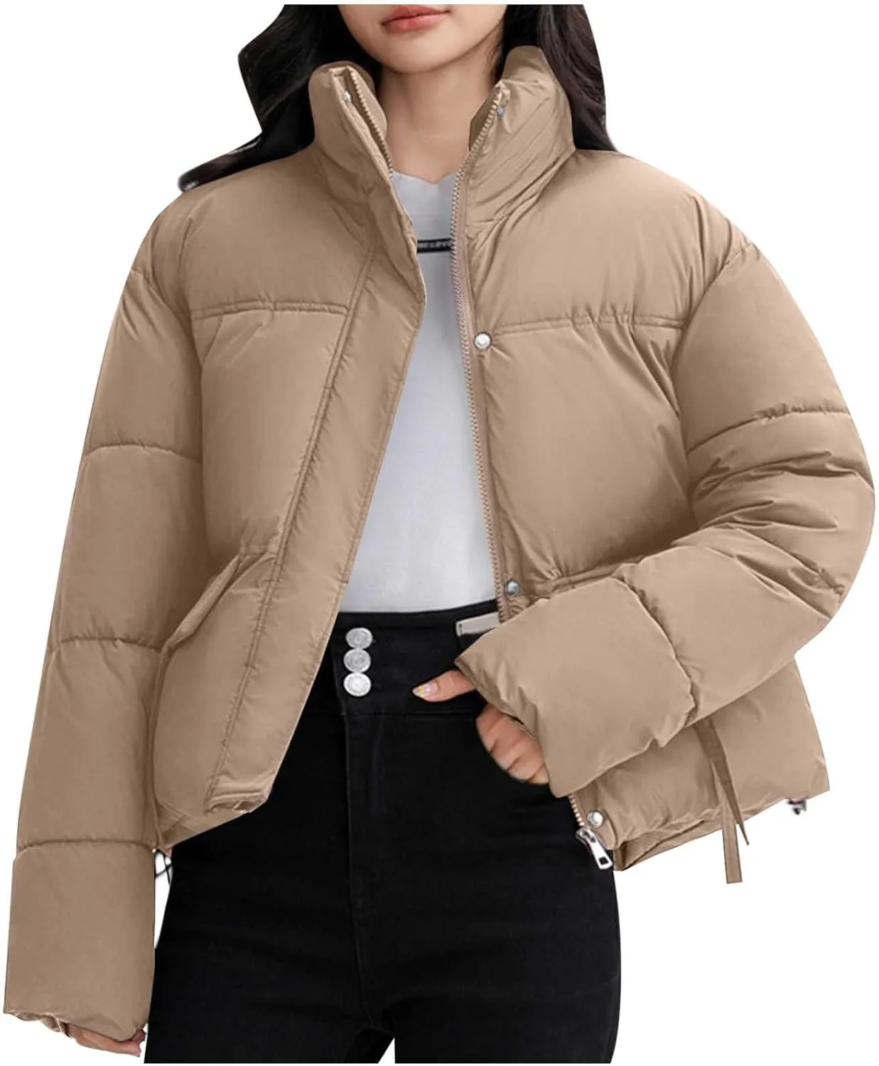 Winter Jackets for Women 2024 Fashion Cropped Puffer Jacket Thicken Warm down Coat Zip up Stand Collar Quilted Outwear