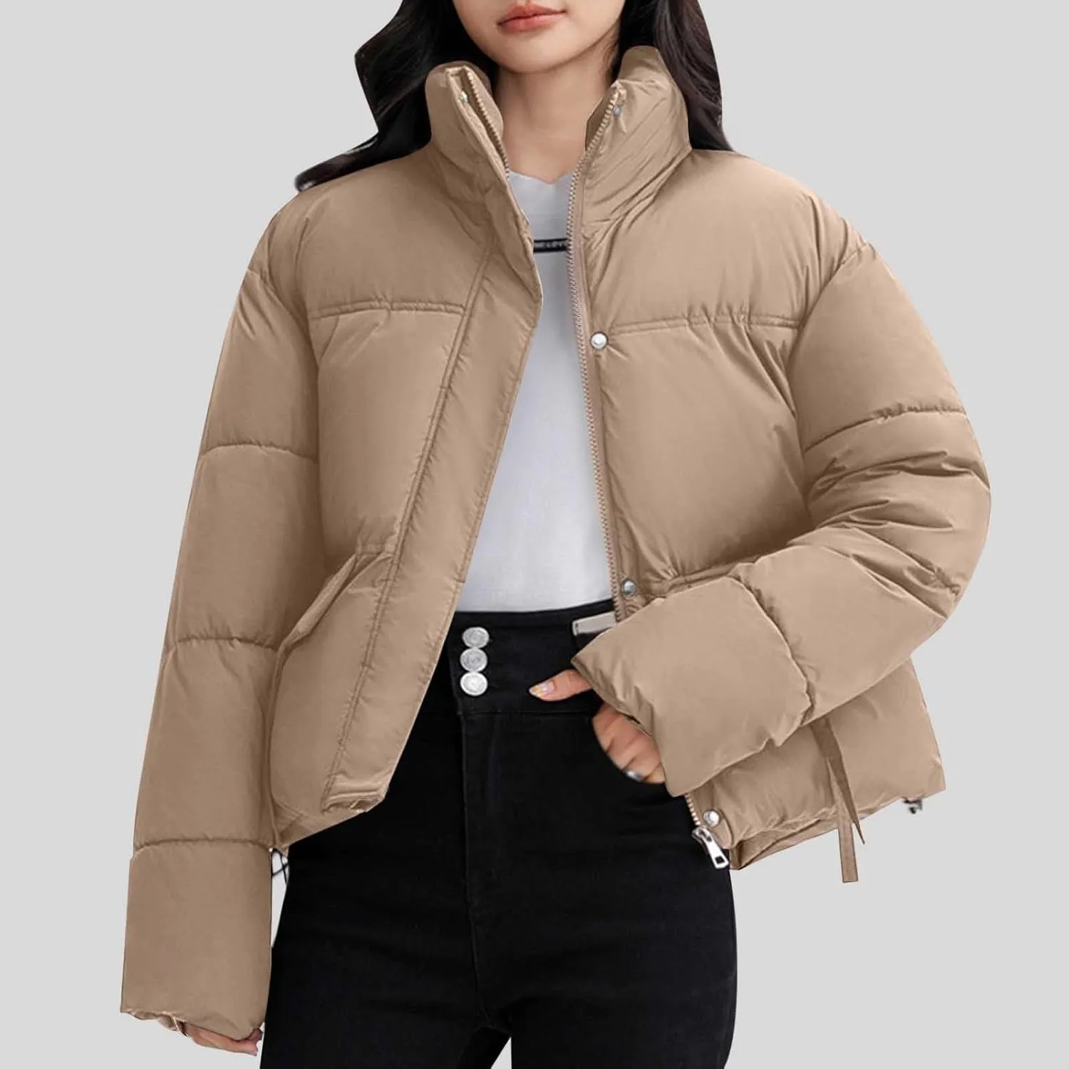 Winter Jackets for Women 2024 Fashion Cropped Puffer Jacket Thicken Warm down Coat Zip up Stand Collar Quilted Outwear