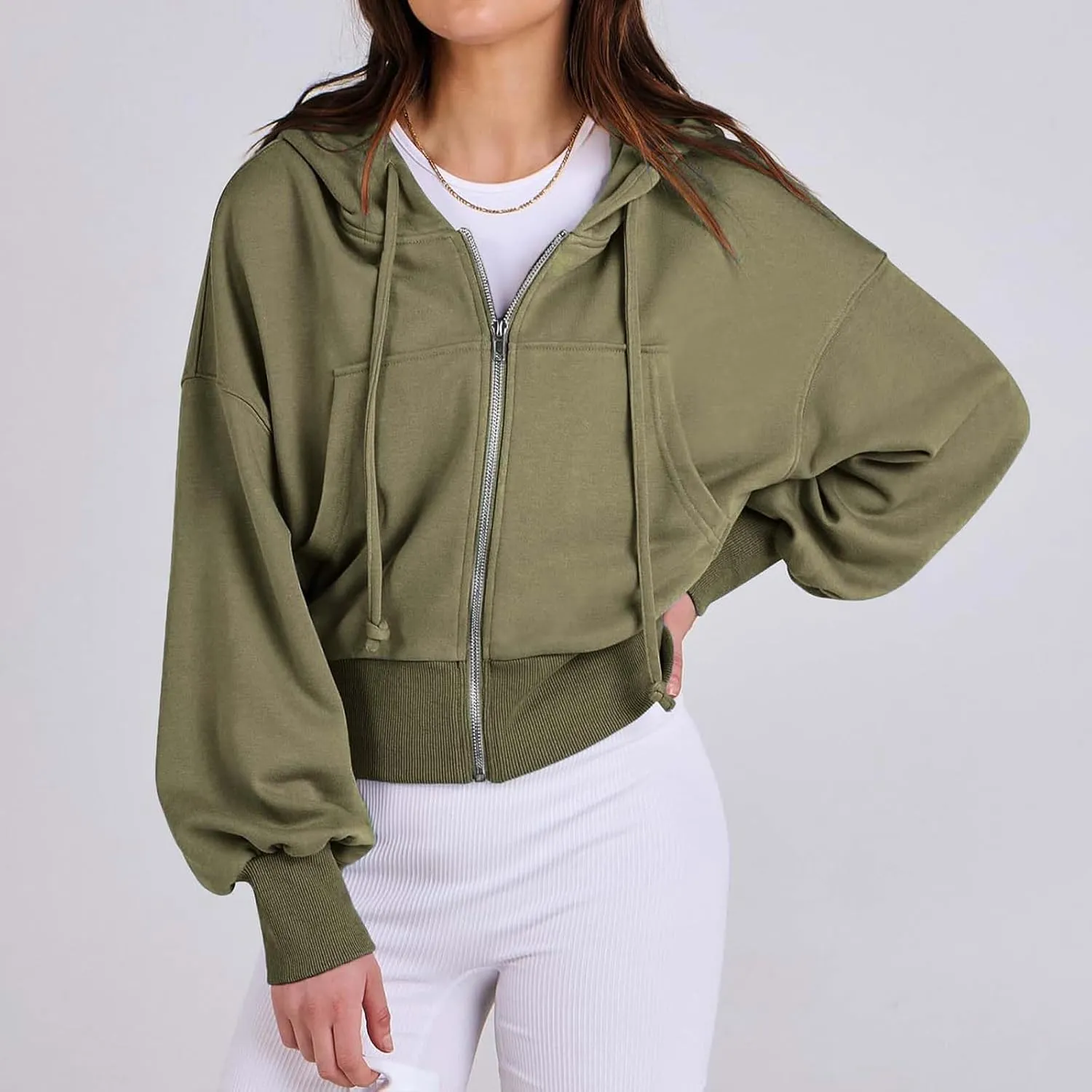 Womens Zip Up Hoodies Casual Drawstring Cropped Sweatshirt Jackets Long Sleeve Fleece Lightweight Coat with Pockets