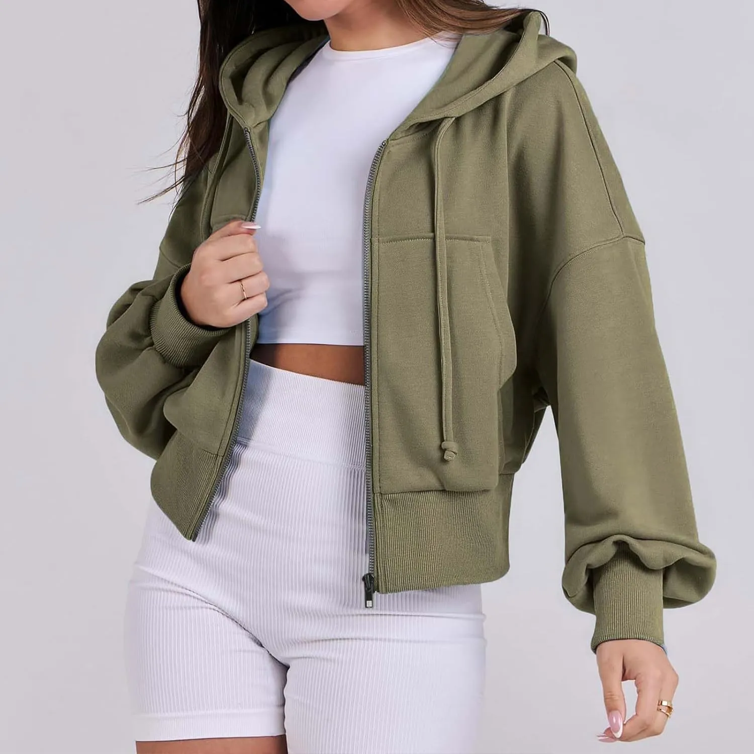 Womens Zip Up Hoodies Casual Drawstring Cropped Sweatshirt Jackets Long Sleeve Fleece Lightweight Coat with Pockets