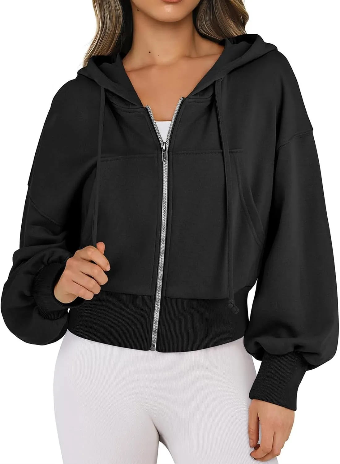 Womens Zip Up Hoodies Casual Drawstring Cropped Sweatshirt Jackets Long Sleeve Fleece Lightweight Coat with Pockets
