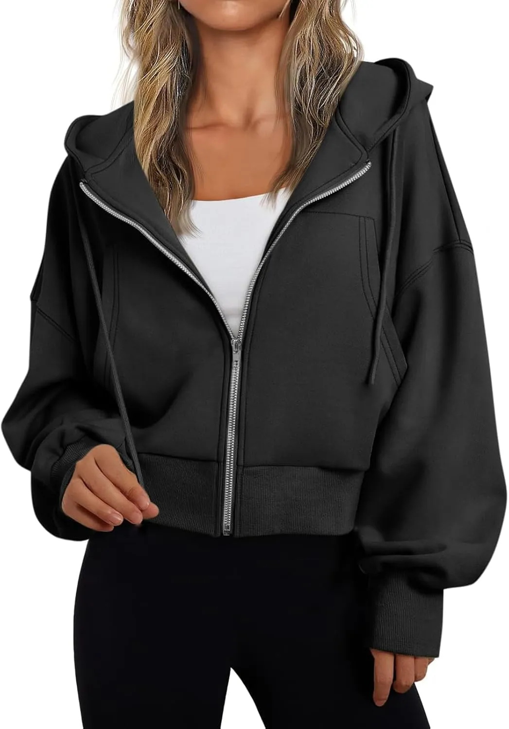 Womens Zip Up Hoodies Casual Drawstring Cropped Sweatshirt Jackets Long Sleeve Fleece Lightweight Coat with Pockets