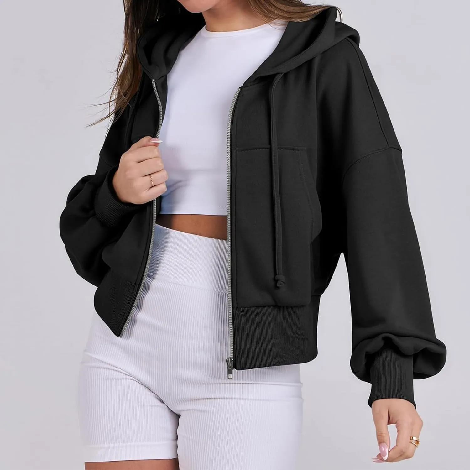 Womens Zip Up Hoodies Casual Drawstring Cropped Sweatshirt Jackets Long Sleeve Fleece Lightweight Coat with Pockets