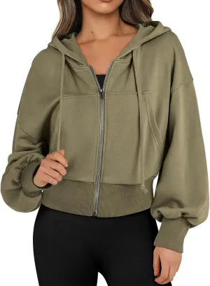 Womens Zip Up Hoodies Casual Drawstring Cropped Sweatshirt Jackets Long Sleeve Fleece Lightweight Coat with Pockets