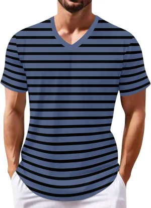 Ymosrh Men's Striped Shirt Short Sleeve V Neck Print T-Shirts Casual Summer Beach Tee Tops Shirts, S-3XL