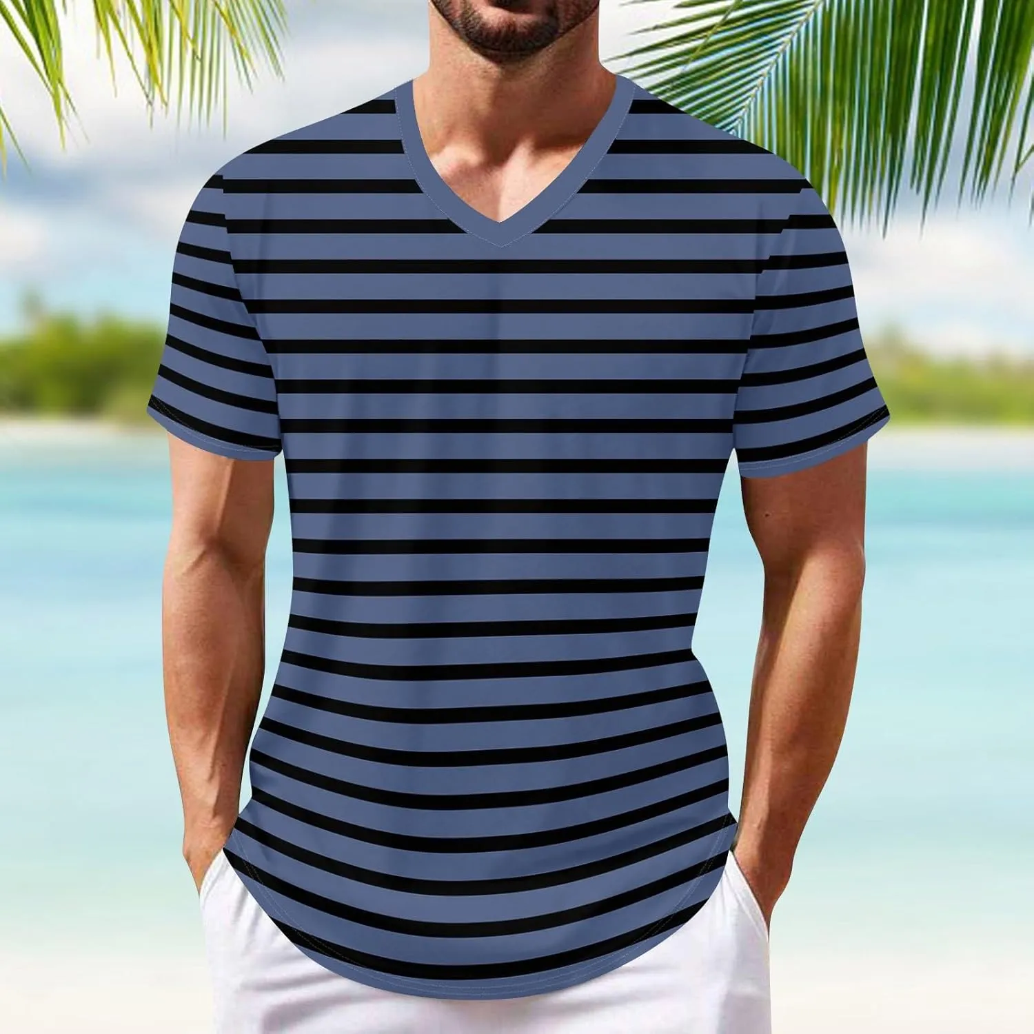 Ymosrh Men's Striped Shirt Short Sleeve V Neck Print T-Shirts Casual Summer Beach Tee Tops Shirts, S-3XL