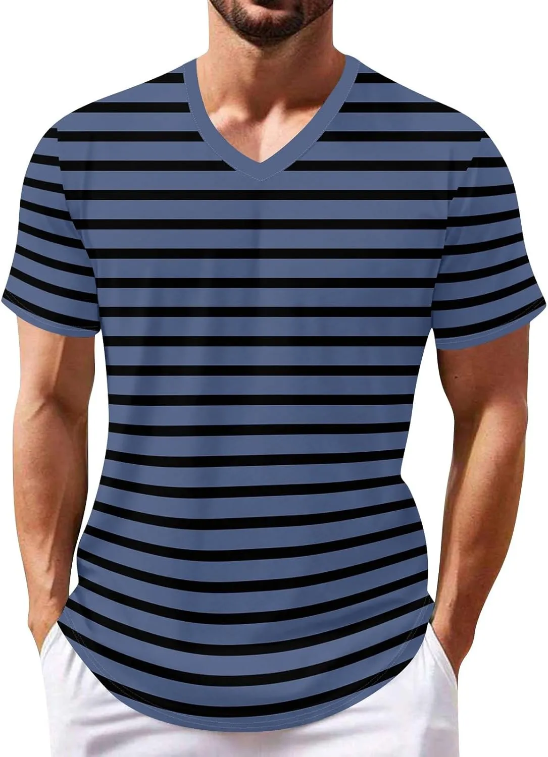 Ymosrh Men's Striped Shirt Short Sleeve V Neck Print T-Shirts Casual Summer Beach Tee Tops Shirts, S-3XL